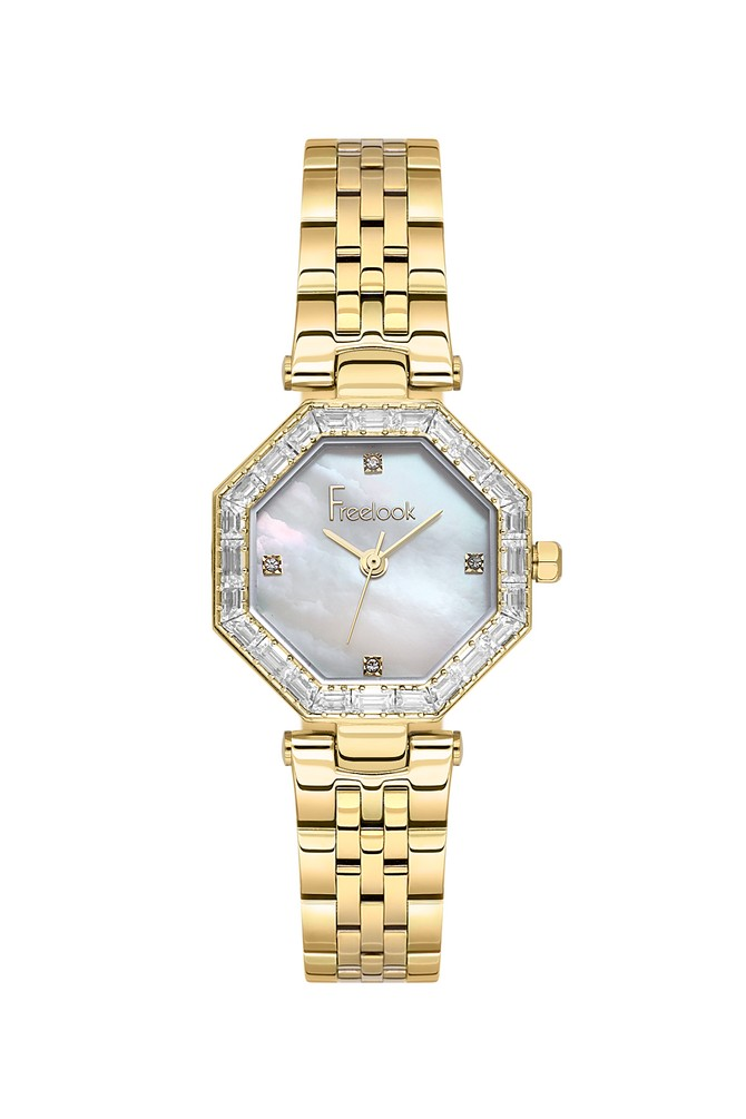 FREELOOK FL.1.10529-2 ALTIN KAPLAMA TAŞLI SEKİZGEN KADIN KOL SAATİ
