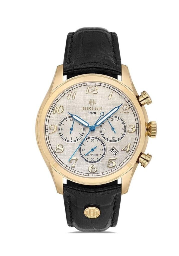 HISLON DT171G-01BG SİYAH DERİ KORDON SAFİR CAM ERKEK KOL SAATİ