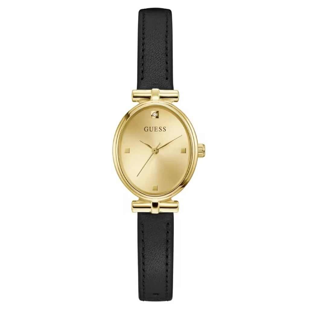 GUESS GUGW1029L2 PIRLANTALI SİYAH DERİ KORDON OVAL KADIN KOL SAATİ