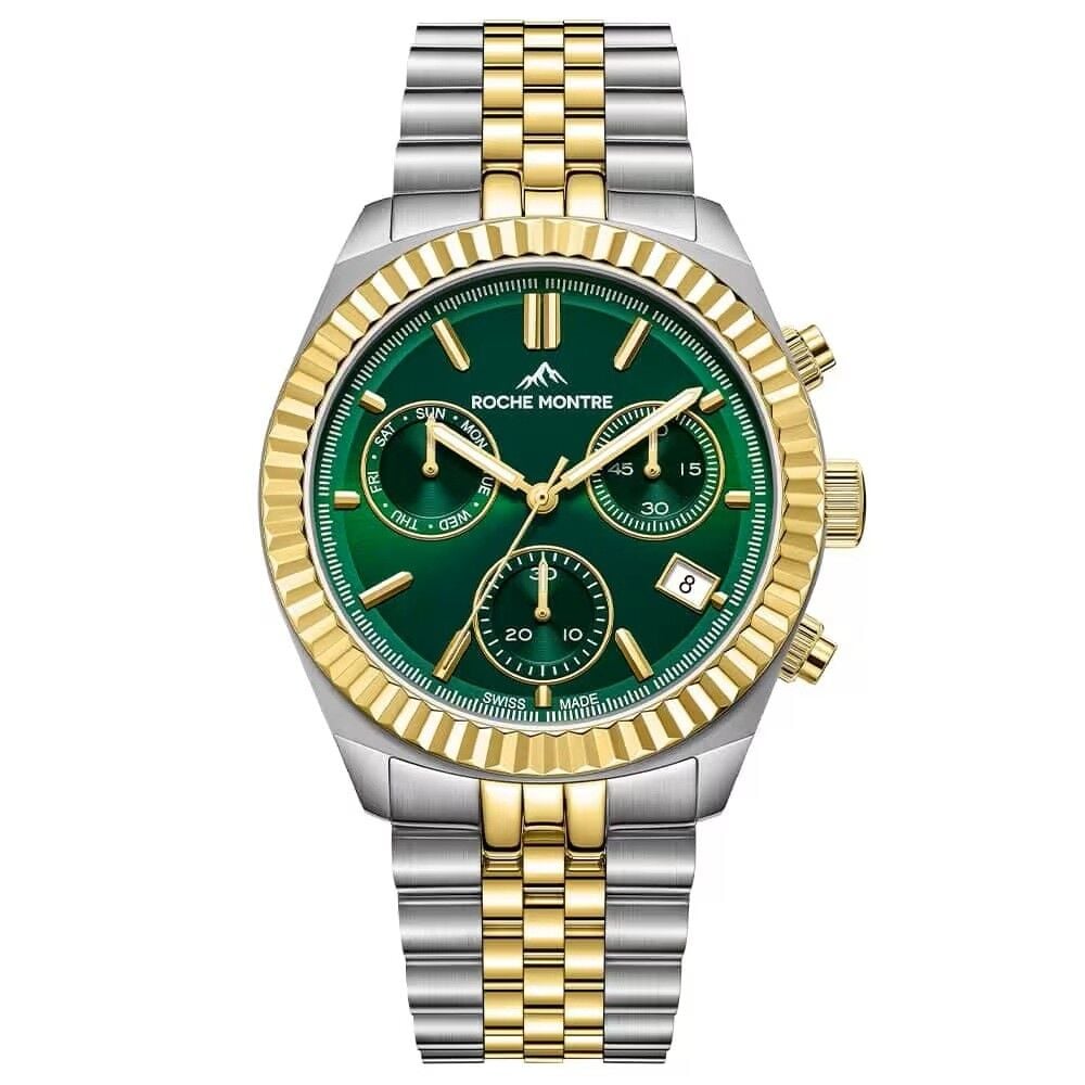ROCHE MONTRE RMG6000-06 SWISS MADE SAFİR CAM YEŞİL KADRAN ALTIN KAPLAMA ERKEK KOL SAATİ