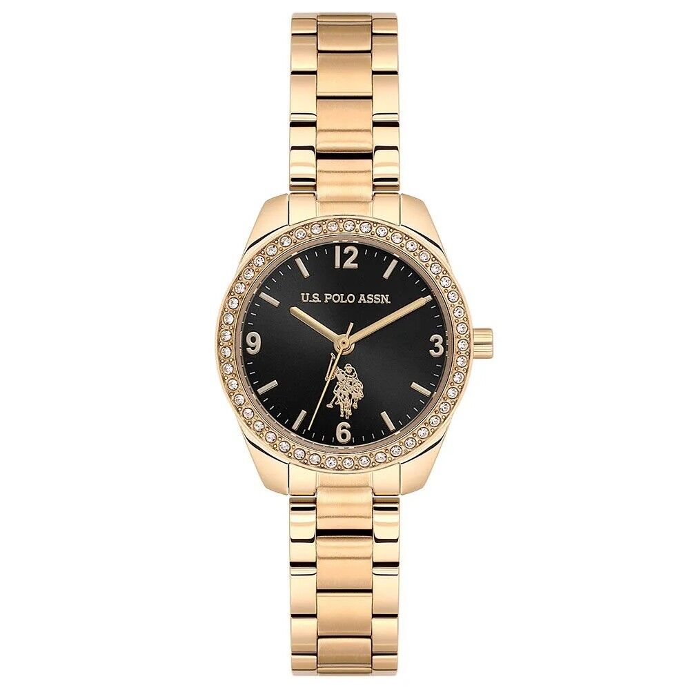 U.S. POLO ASSN. USPA2064B-03 ALTIN KAPLAMA SİYAH KADRAN TAŞLI KADIN KOL SAATİ