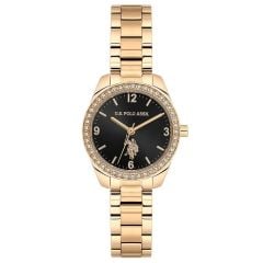 U.S. POLO ASSN. USPA2064B-03 ALTIN KAPLAMA SİYAH KADRAN TAŞLI KADIN KOL SAATİ