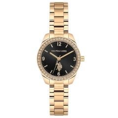 U.S. POLO ASSN. USPA2064B-03 ALTIN KAPLAMA SİYAH KADRAN TAŞLI KADIN KOL SAATİ
