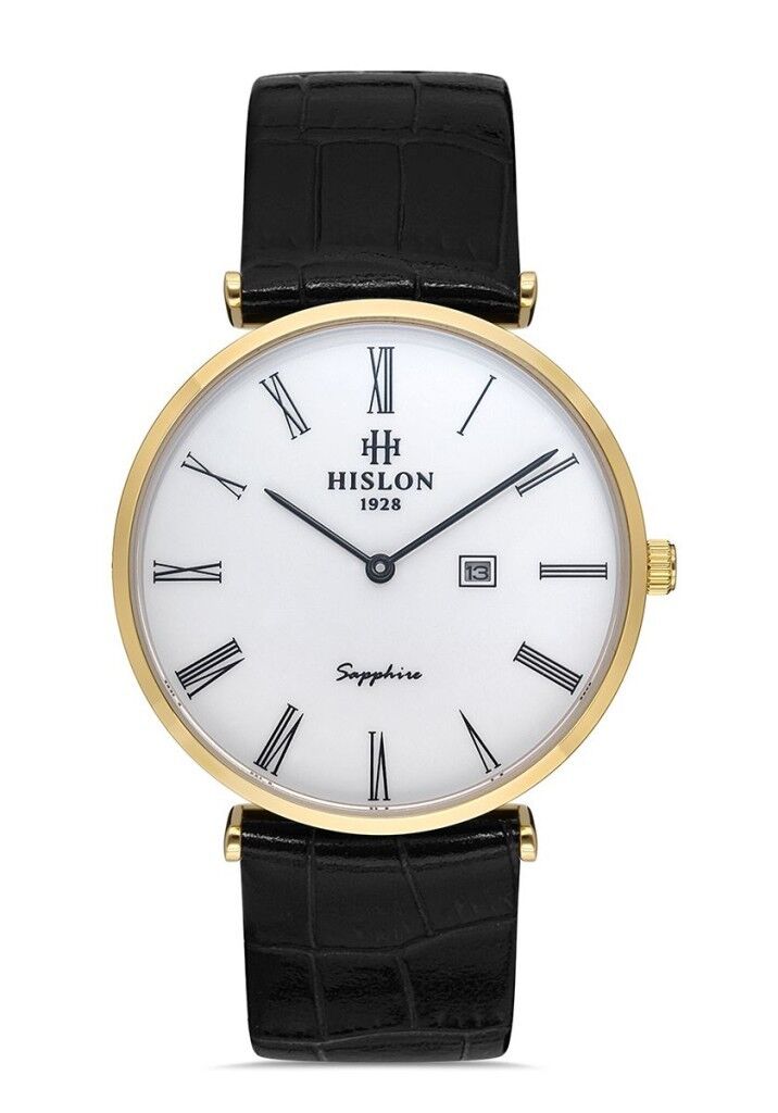 HISLON CL119G-03BG İNCE SLIM KLASİK SİYAH DERİ KORDON SAFİR CAM ERKEK KOL SAATİ