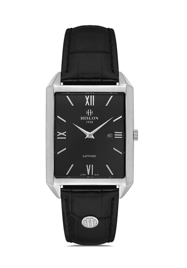 HISLON CL150S-04BS İNCE SLİM KLASİK SİYAH DERİ KORDON DİKDÖRTGEN SAFİR CAM ERKEK KOL SAATİ