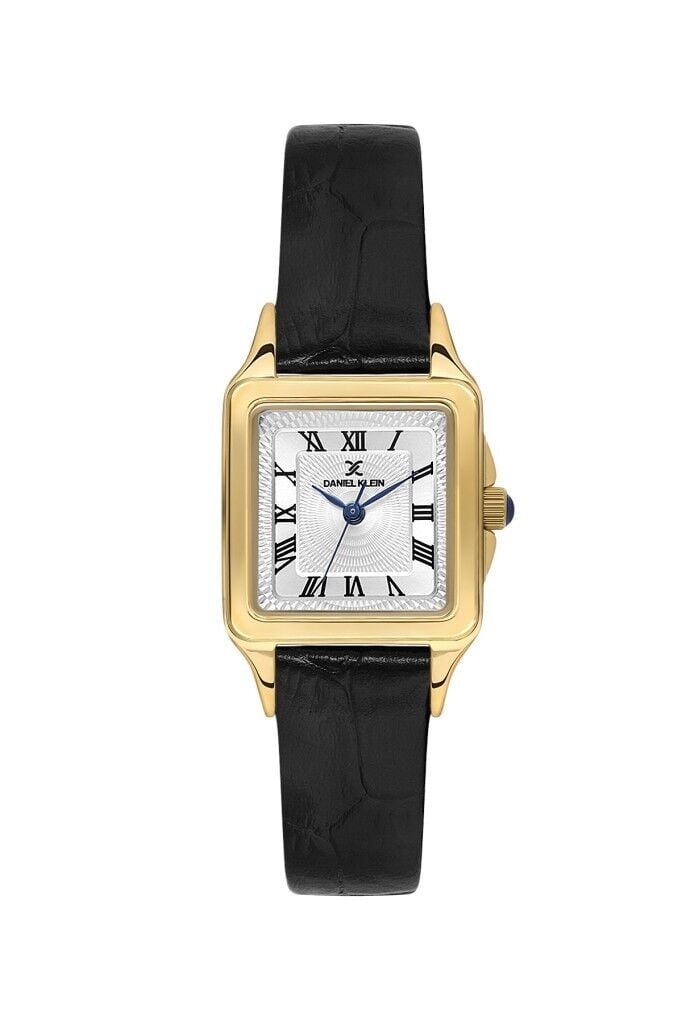 DANIEL KLEIN DKE.1.10815-2 SİYAH DERİ KORDON ALTIN KAPLAMA ROMA RAKAMLI KARE KADIN KOL SAATİ