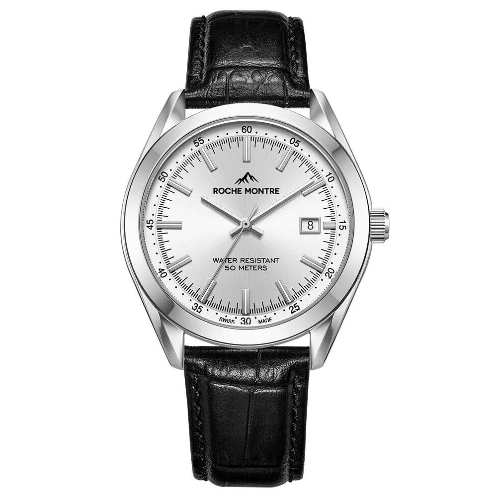 ROCHE MONTRE RMG6013-01 SWISS MADE SAFİR CAM SİYAH DERİ KORDON ERKEK KOL SAATİ