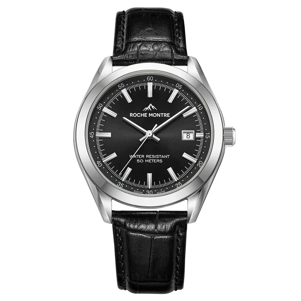 ROCHE MONTRE RMG6013-03 SWISS MADE SAFİR CAM SİYAH DERİ KORDON ERKEK KOL SAATİ